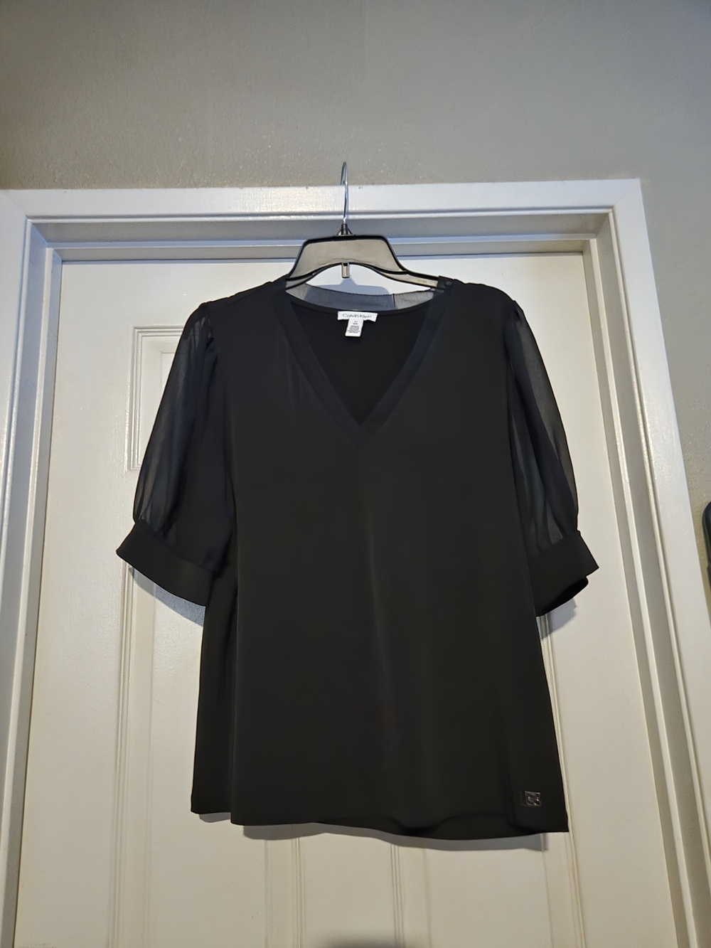Calvin Klein Black V-Neck Sheer Sleeve Blouse
